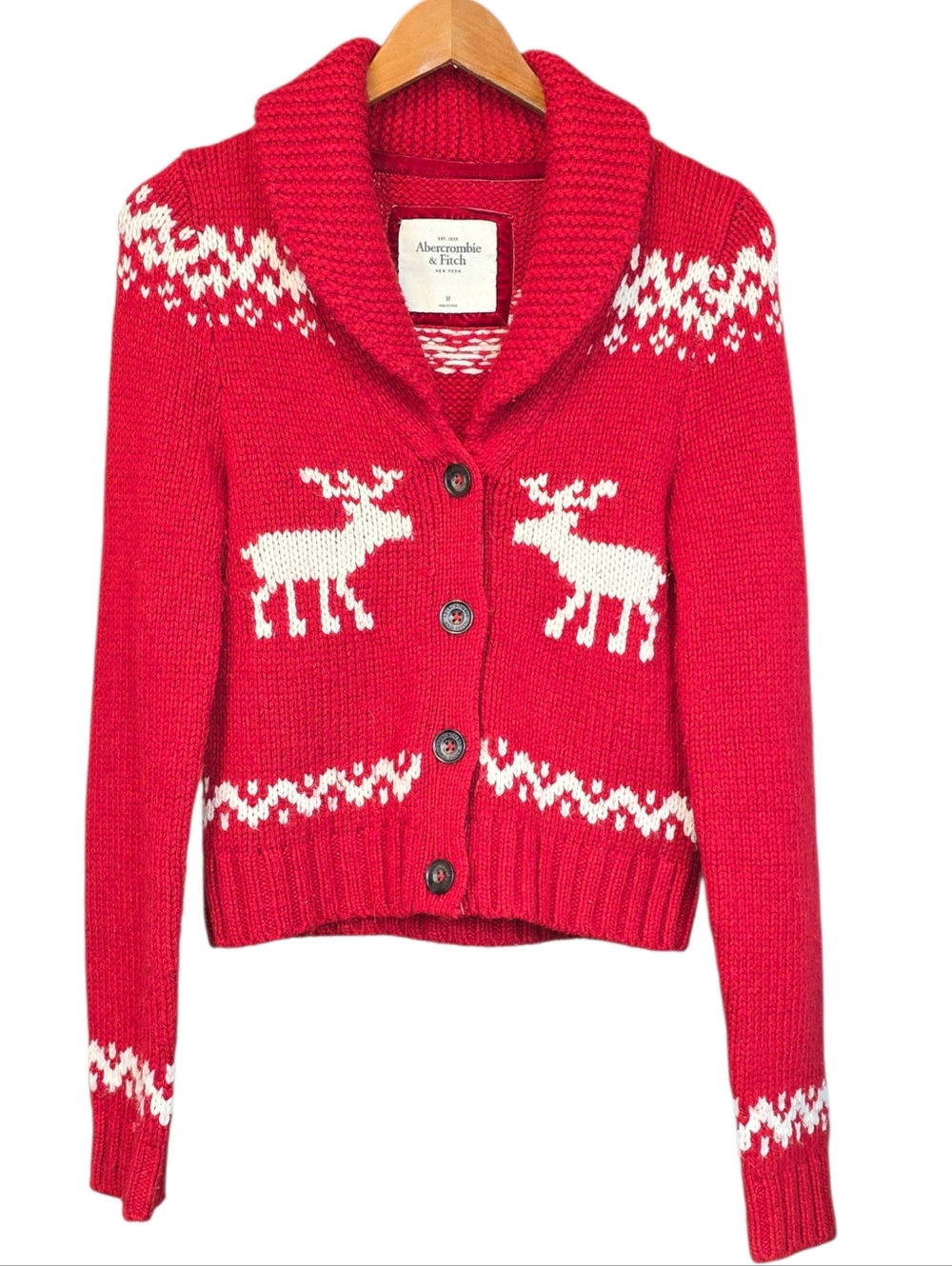 Vintage Abercrombie & Fitch Wool Blend Moose Cardigan Red Fair Isle Shawl Collar